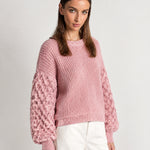 Pink Bobble Knit Jumper Relaxed Crew Neck Sweater with Textured Sleeves