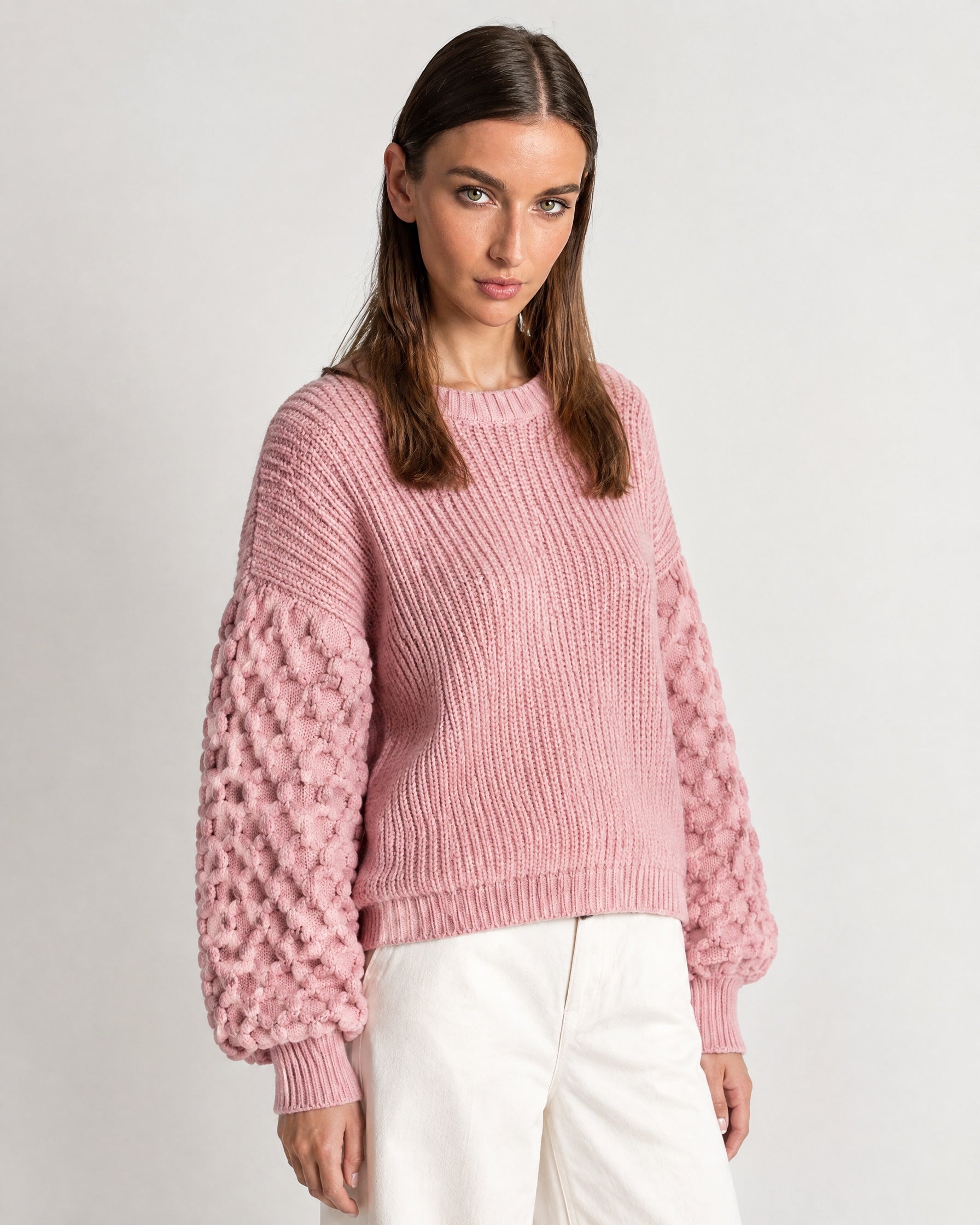 Pink Bobble Knit Jumper Relaxed Crew Neck Sweater with Textured Sleeves