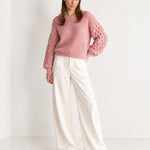 Pink Bobble Knit Jumper Relaxed Crew Neck Sweater with Textured Sleeves