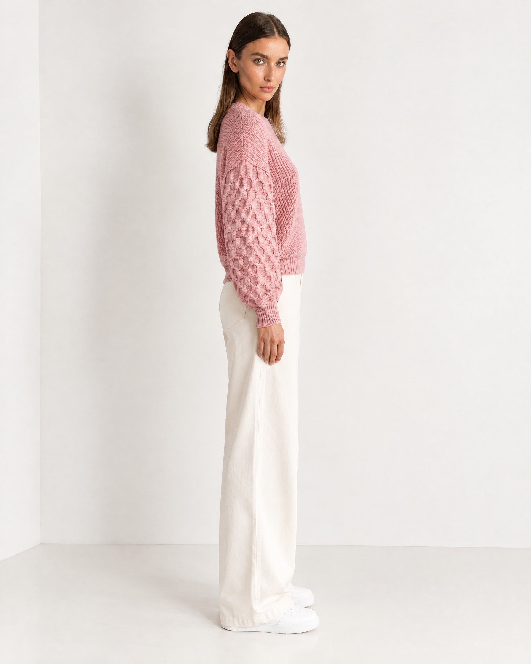 Pink Bobble Knit Jumper Relaxed Crew Neck Sweater with Textured Sleeves