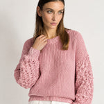 Pink Bobble Knit Jumper Relaxed Crew Neck Sweater with Textured Sleeves