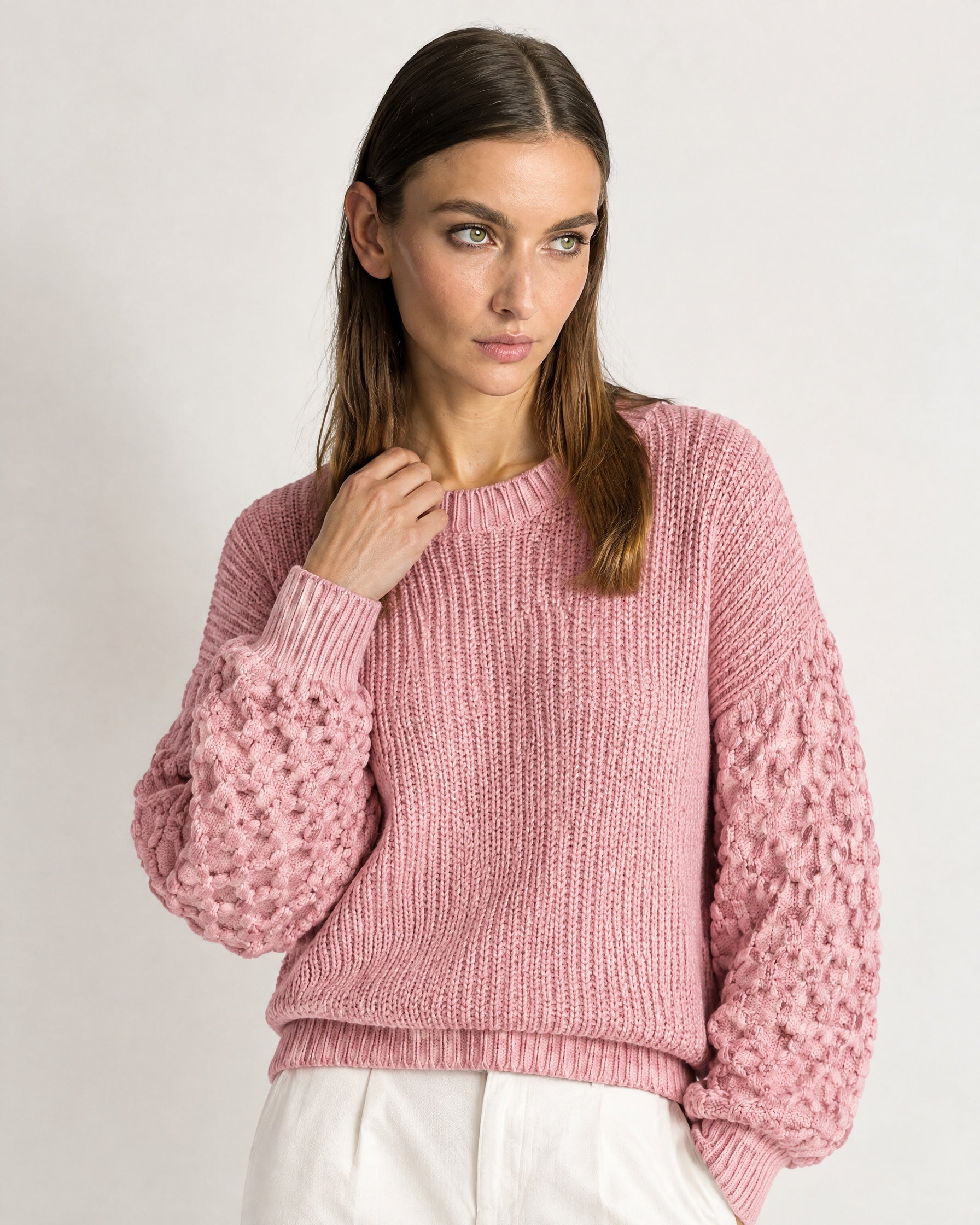 Pink Bobble Knit Jumper Relaxed Crew Neck Sweater with Textured Sleeves