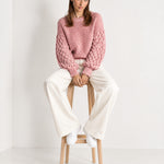 Pink Bobble Knit Jumper Relaxed Crew Neck Sweater with Textured Sleeves