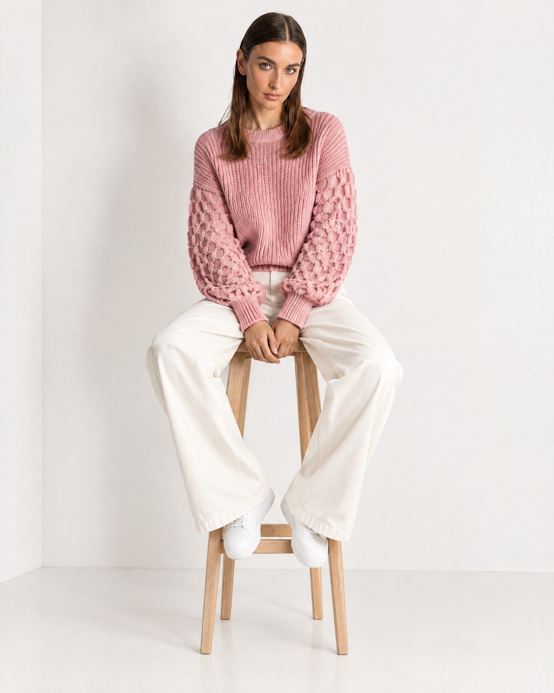 Pink Bobble Knit Jumper Relaxed Crew Neck Sweater with Textured Sleeves