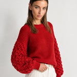 Red Bobble Knit Jumper Relaxed Crew Neck Sweater with Textured Sleeves