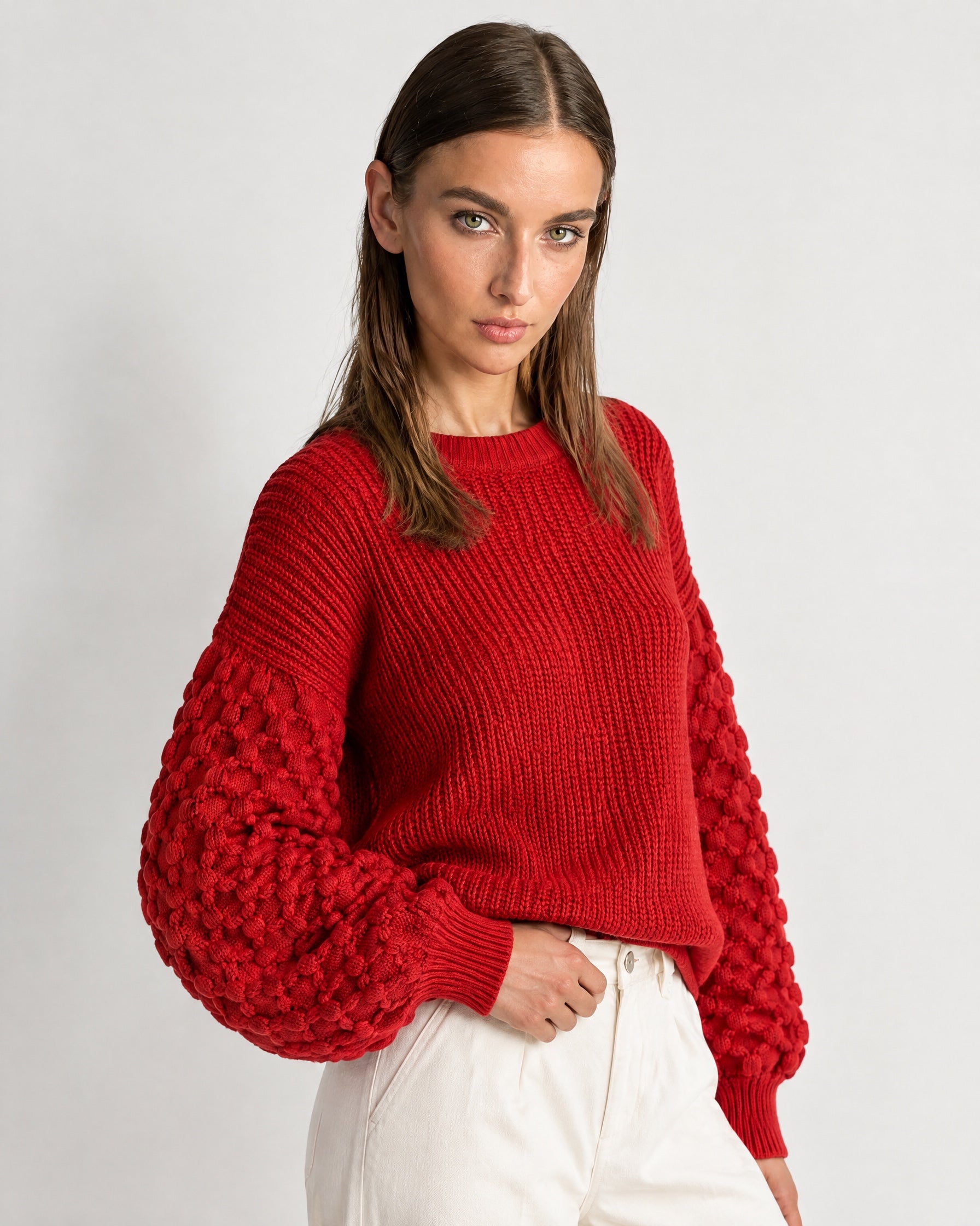 Red Bobble Knit Jumper Relaxed Crew Neck Sweater with Textured Sleeves
