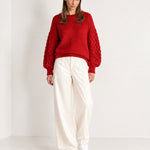 Red Bobble Knit Jumper Relaxed Crew Neck Sweater with Textured Sleeves