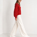 Red Bobble Knit Jumper Relaxed Crew Neck Sweater with Textured Sleeves
