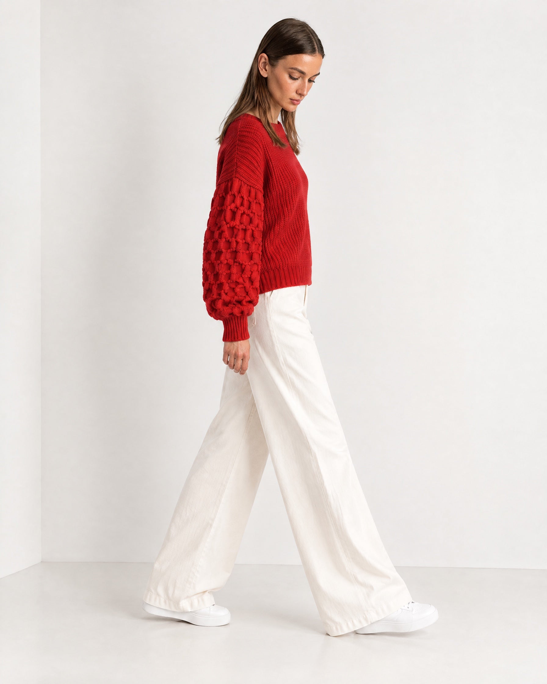 Red Bobble Knit Jumper Relaxed Crew Neck Sweater with Textured Sleeves