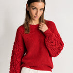 Red Bobble Knit Jumper Relaxed Crew Neck Sweater with Textured Sleeves