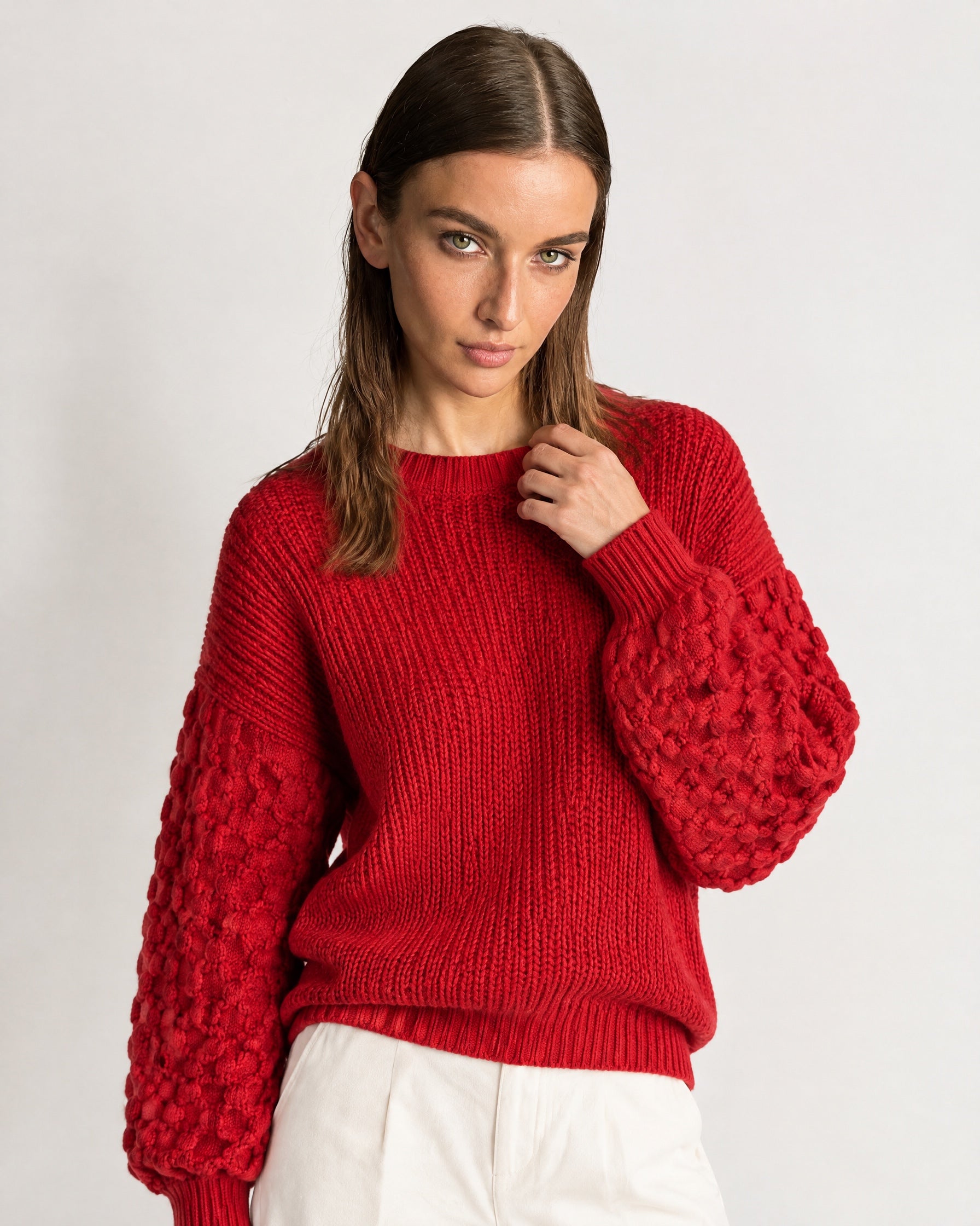 Red Bobble Knit Jumper Relaxed Crew Neck Sweater with Textured Sleeves