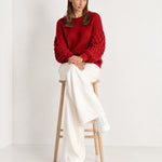 Red Bobble Knit Jumper Relaxed Crew Neck Sweater with Textured Sleeves