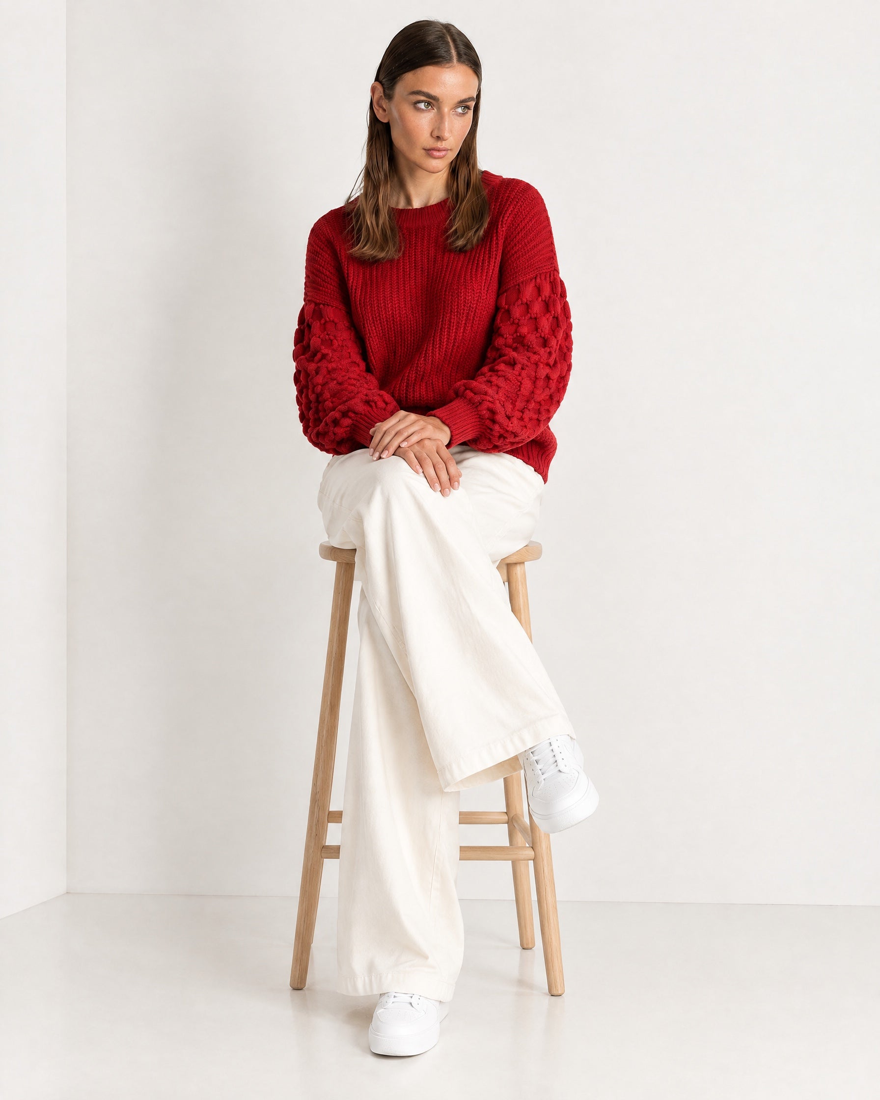 Red Bobble Knit Jumper Relaxed Crew Neck Sweater with Textured Sleeves