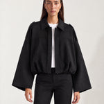 Black Bomber Jacket Oversized Cropped Jacket with Batwing Sleeves and Hidden Zip