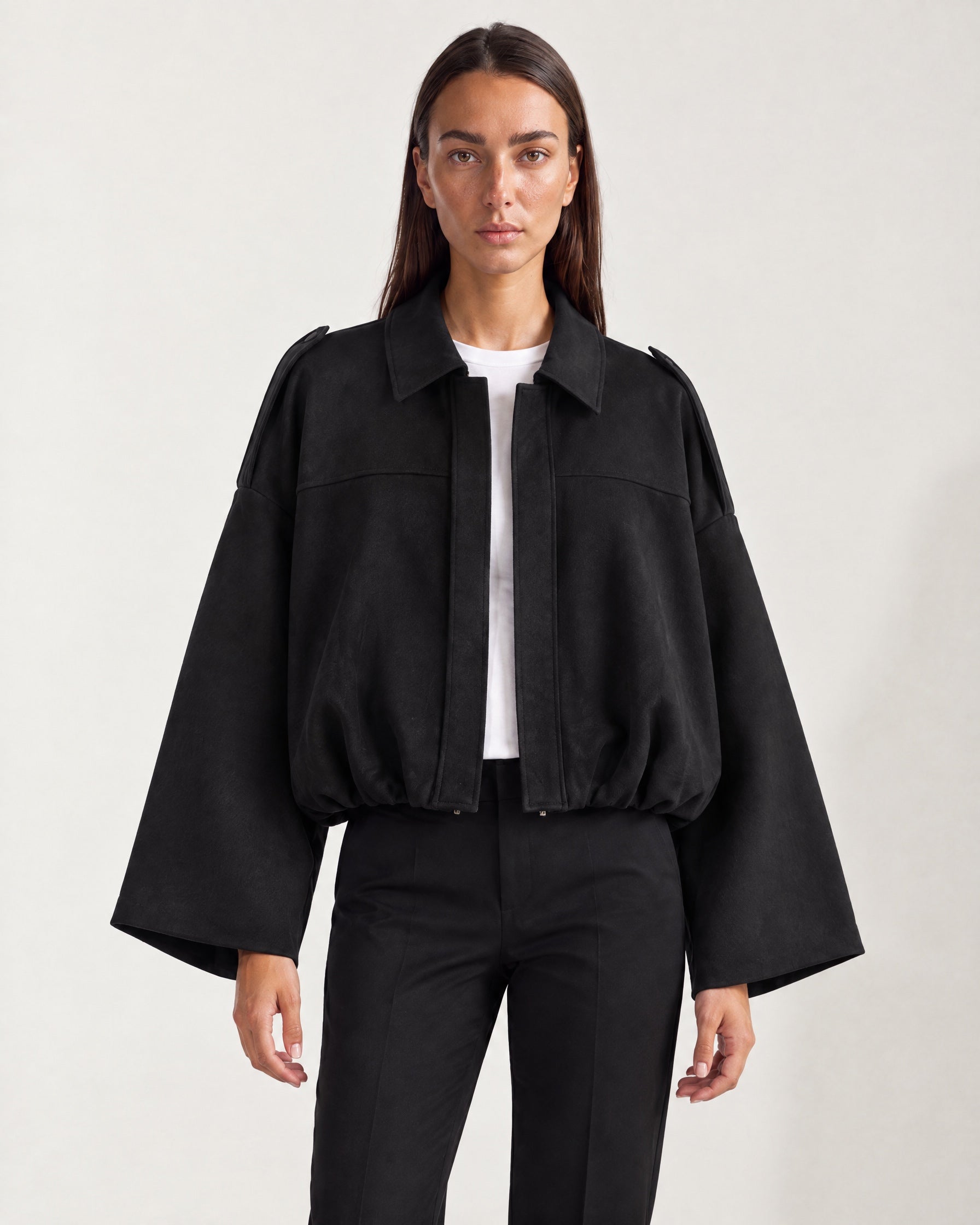 Black Bomber Jacket Oversized Cropped Jacket with Batwing Sleeves and Hidden Zip