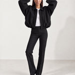 Black Bomber Jacket Oversized Cropped Jacket with Batwing Sleeves and Hidden Zip