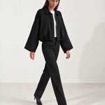 Black Bomber Jacket Oversized Cropped Jacket with Batwing Sleeves and Hidden Zip