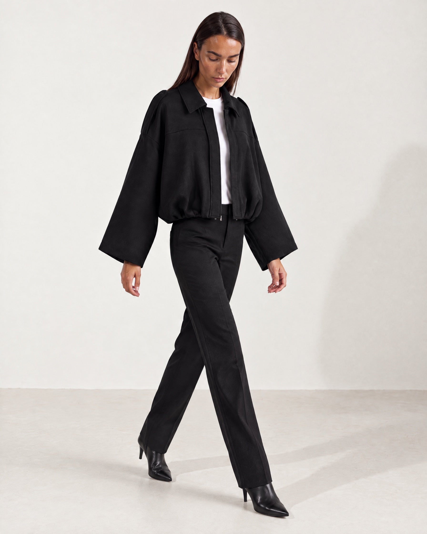 Black Bomber Jacket Oversized Cropped Jacket with Batwing Sleeves and Hidden Zip