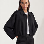 Black Bomber Jacket Oversized Cropped Jacket with Batwing Sleeves and Hidden Zip