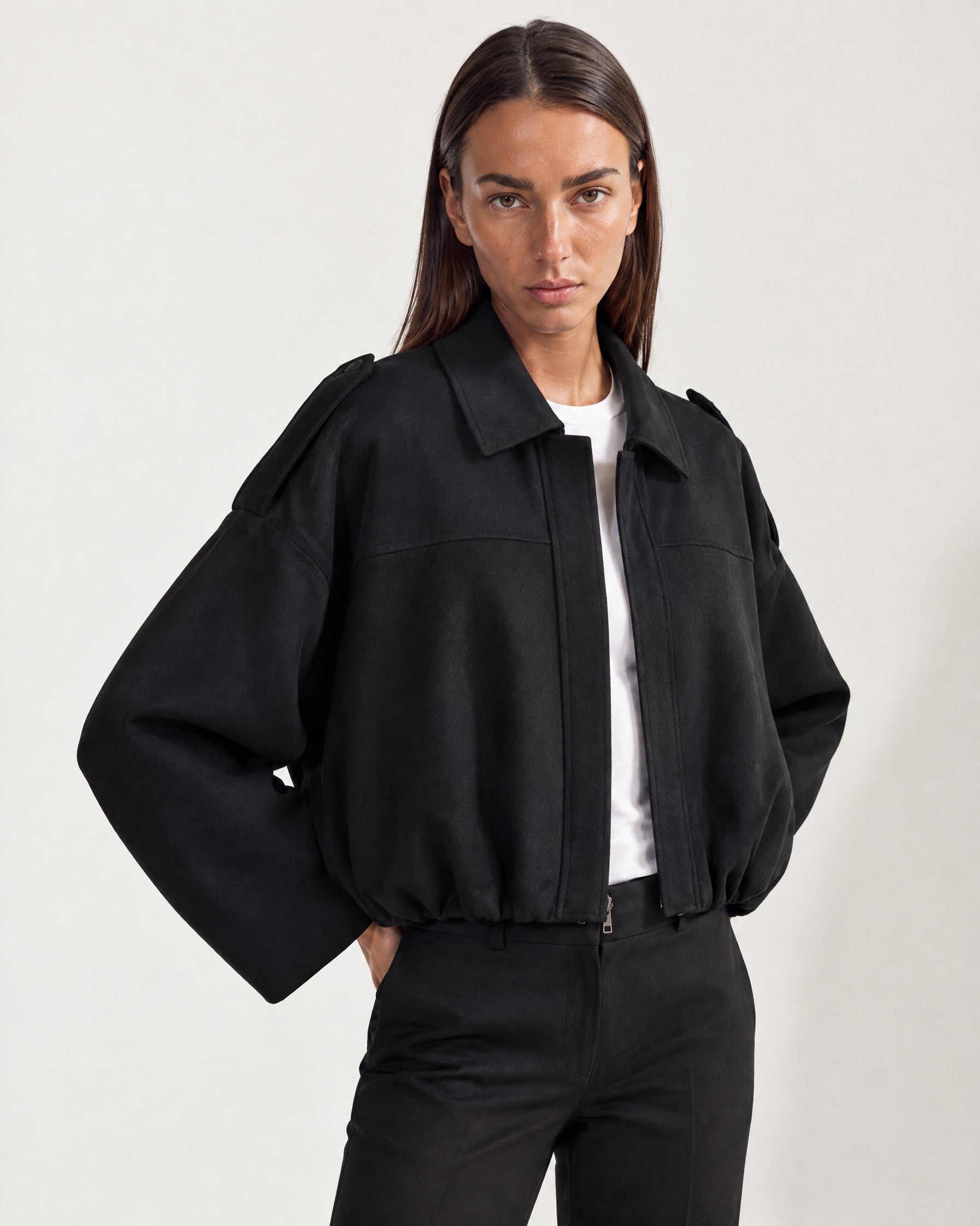 Black Bomber Jacket Oversized Cropped Jacket with Batwing Sleeves and Hidden Zip