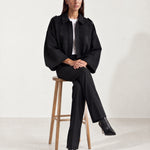 Black Bomber Jacket Oversized Cropped Jacket with Batwing Sleeves and Hidden Zip