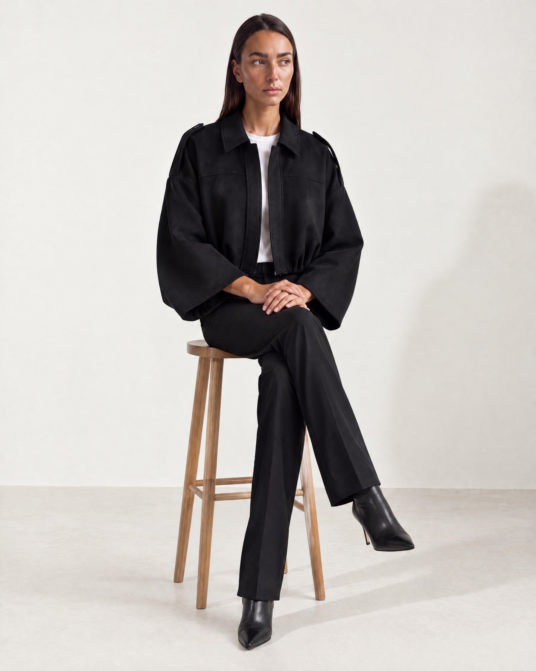 Black Bomber Jacket Oversized Cropped Jacket with Batwing Sleeves and Hidden Zip