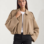 Camel Bomber Jacket Oversized Cropped Jacket with Batwing Sleeves and Hidden Zip
