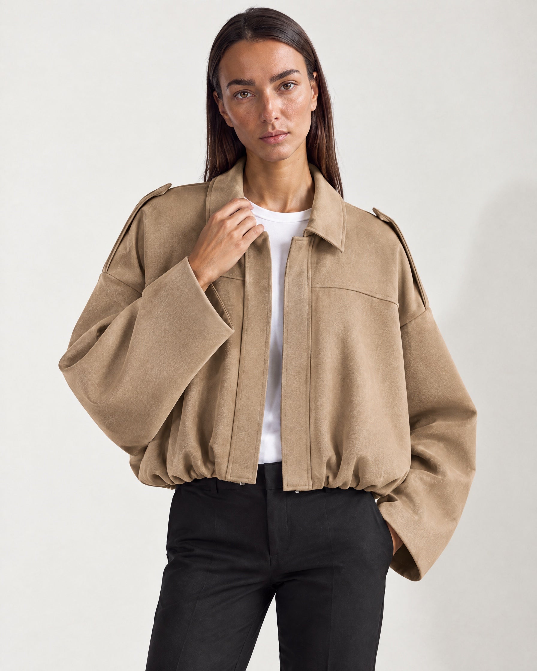 Camel Bomber Jacket Oversized Cropped Jacket with Batwing Sleeves and Hidden Zip
