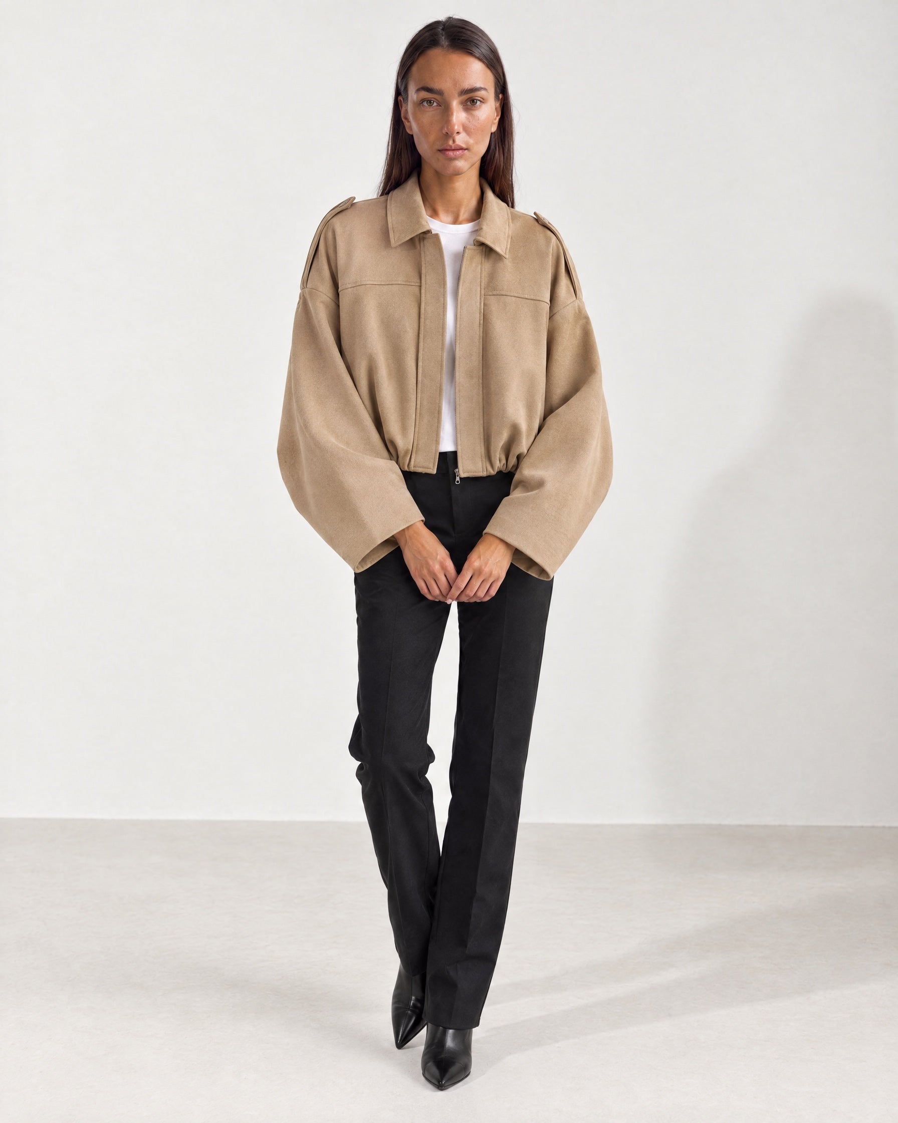 Camel Bomber Jacket Oversized Cropped Jacket with Batwing Sleeves and Hidden Zip
