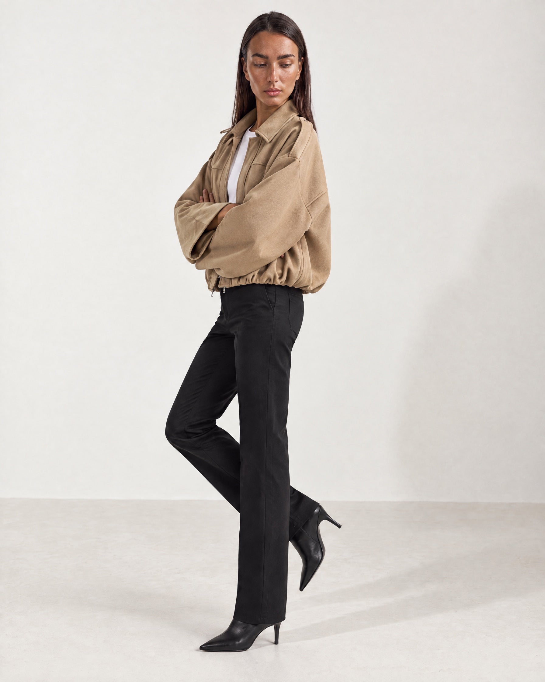 Camel Bomber Jacket Oversized Cropped Jacket with Batwing Sleeves and Hidden Zip