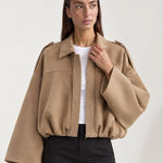 Camel Bomber Jacket Oversized Cropped Jacket with Batwing Sleeves and Hidden Zip
