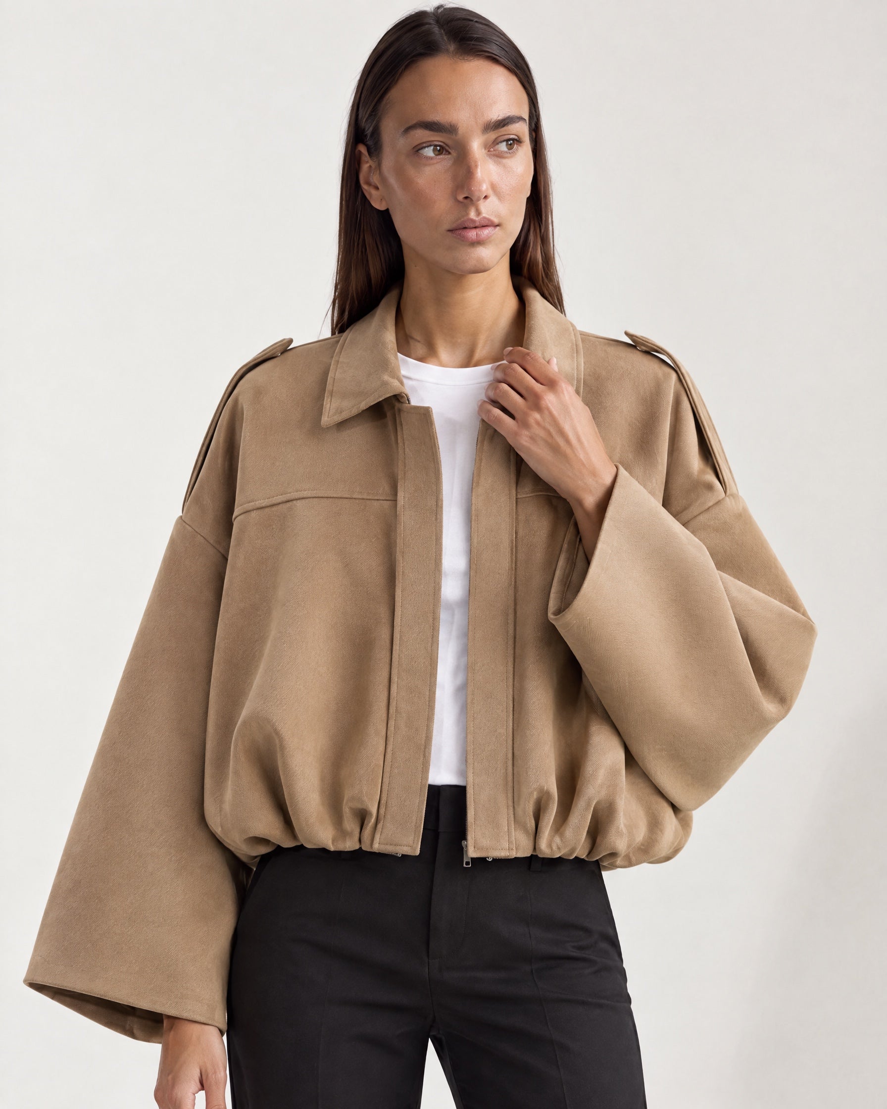 Camel Bomber Jacket Oversized Cropped Jacket with Batwing Sleeves and Hidden Zip