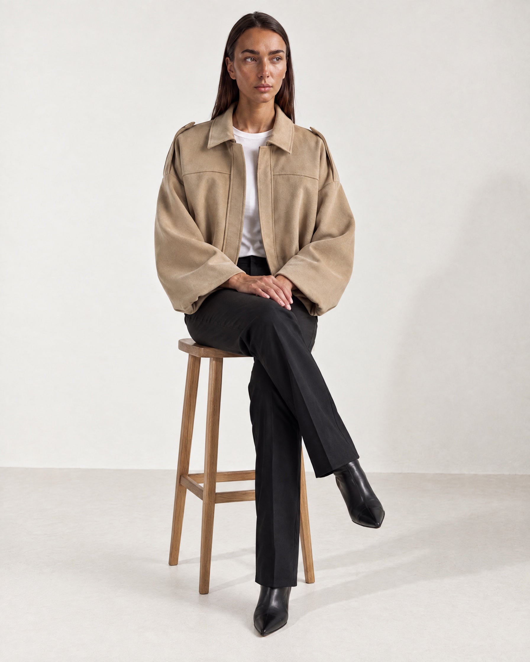 Camel Bomber Jacket Oversized Cropped Jacket with Batwing Sleeves and Hidden Zip