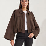 Chocolate Brown Bomber Jacket Oversized Cropped Jacket with Batwing Sleeves and Hidden Zip