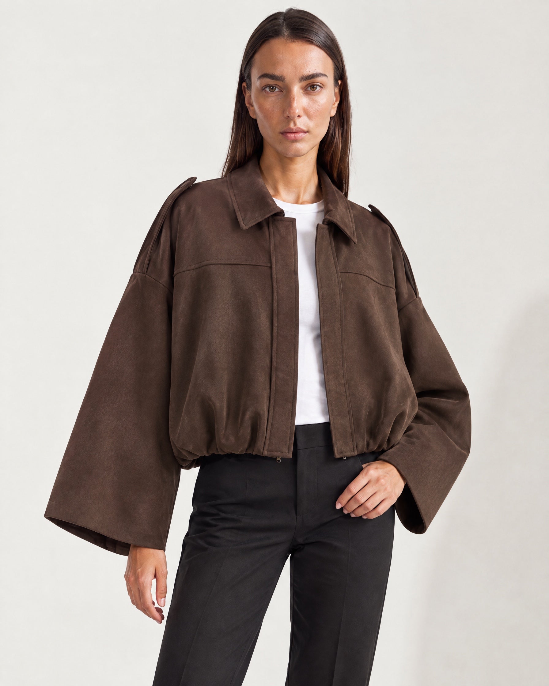 Chocolate Brown Bomber Jacket Oversized Cropped Jacket with Batwing Sleeves and Hidden Zip