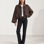 Chocolate Brown Bomber Jacket Oversized Cropped Jacket with Batwing Sleeves and Hidden Zip