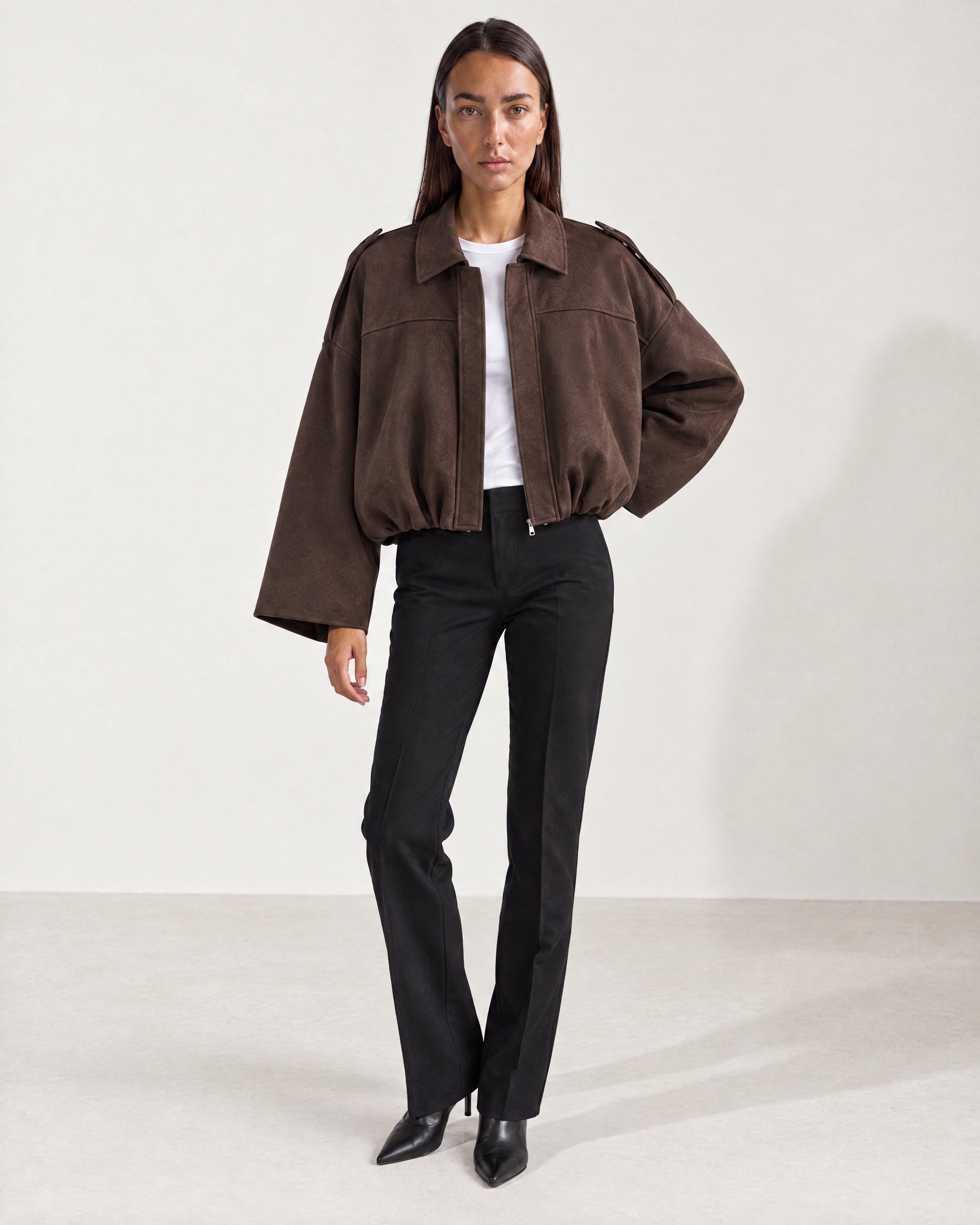 Chocolate Brown Bomber Jacket Oversized Cropped Jacket with Batwing Sleeves and Hidden Zip