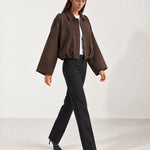 Chocolate Brown Bomber Jacket Oversized Cropped Jacket with Batwing Sleeves and Hidden Zip
