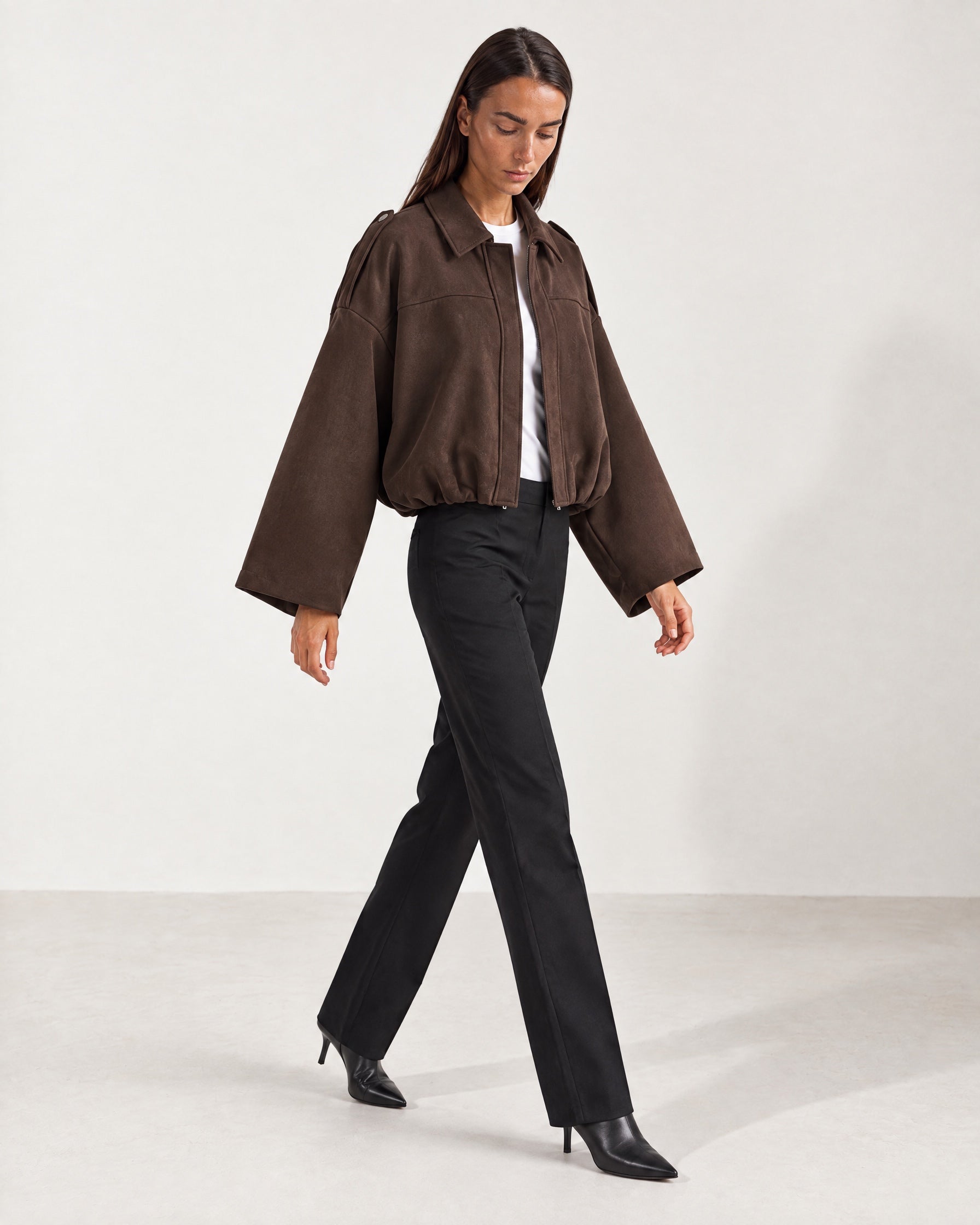 Chocolate Brown Bomber Jacket Oversized Cropped Jacket with Batwing Sleeves and Hidden Zip