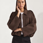 Chocolate Brown Bomber Jacket Oversized Cropped Jacket with Batwing Sleeves and Hidden Zip
