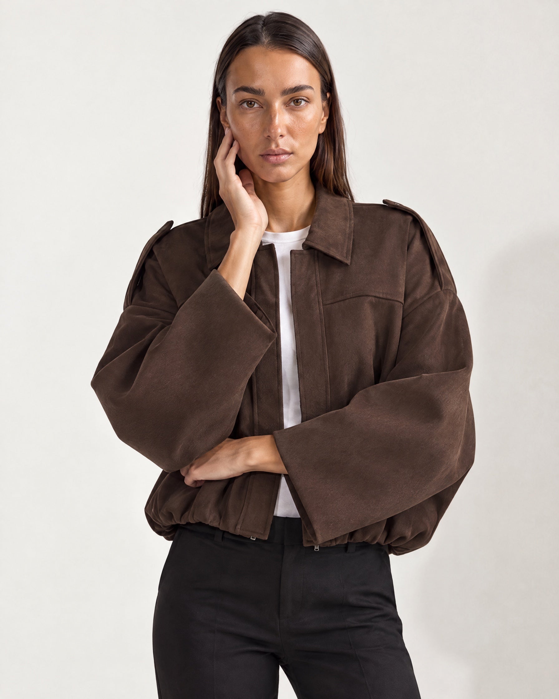 Chocolate Brown Bomber Jacket Oversized Cropped Jacket with Batwing Sleeves and Hidden Zip