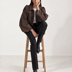 Chocolate Brown Bomber Jacket Oversized Cropped Jacket with Batwing Sleeves and Hidden Zip