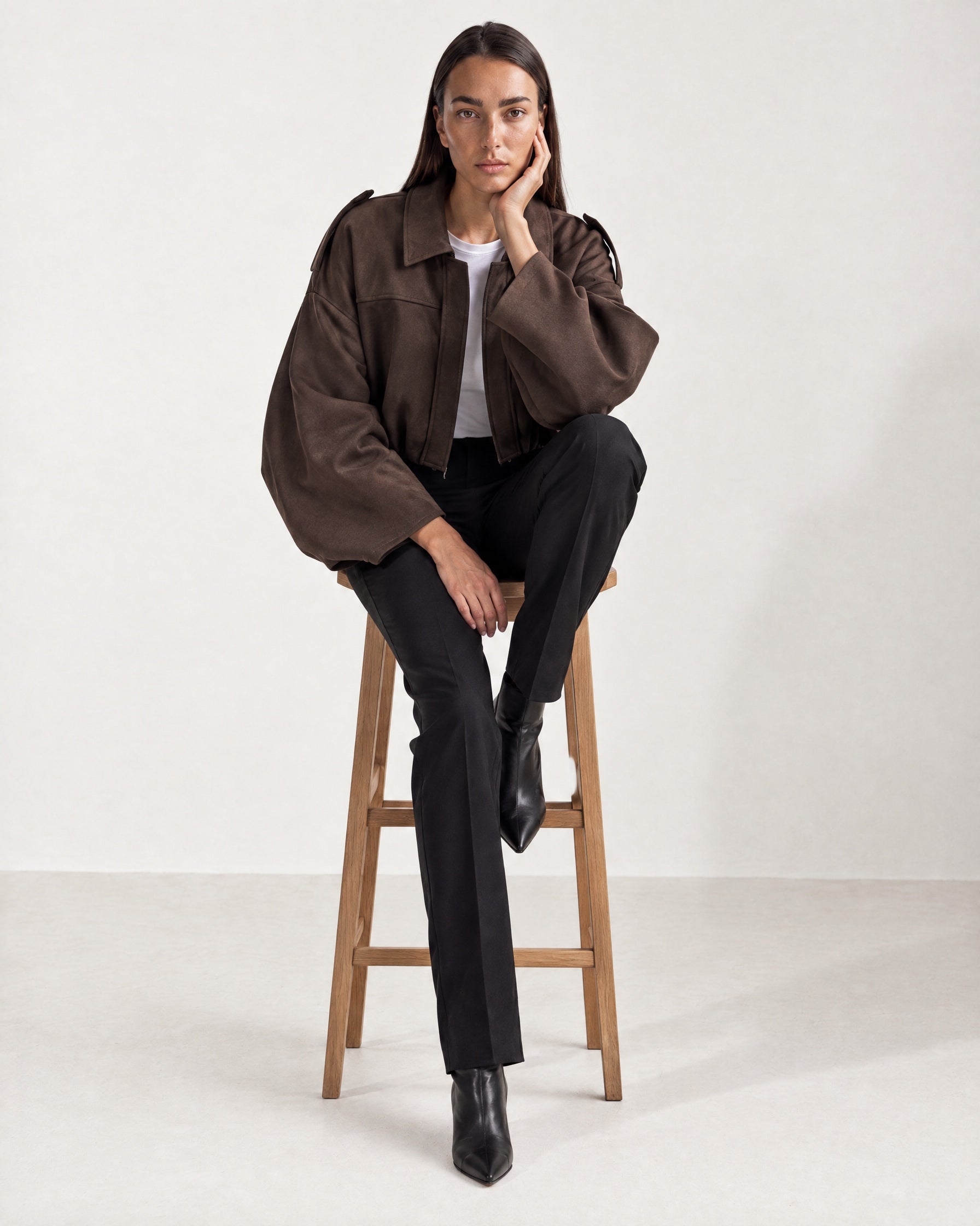 Chocolate Brown Bomber Jacket Oversized Cropped Jacket with Batwing Sleeves and Hidden Zip