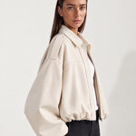 Cream Bomber Jacket Oversized Cropped Jacket with Batwing Sleeves and Hidden Zip