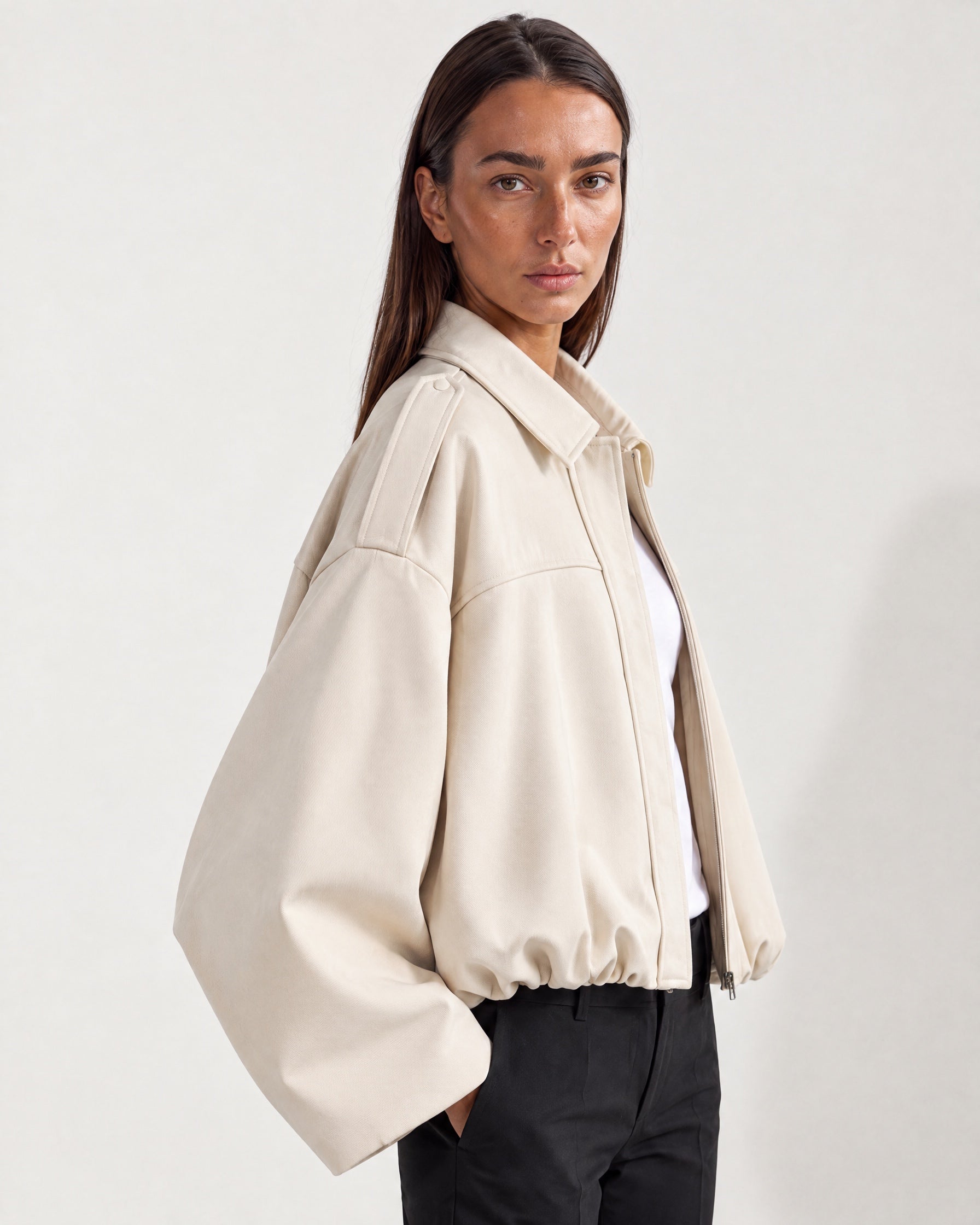 Cream Bomber Jacket Oversized Cropped Jacket with Batwing Sleeves and Hidden Zip
