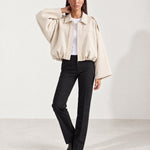 Cream Bomber Jacket Oversized Cropped Jacket with Batwing Sleeves and Hidden Zip