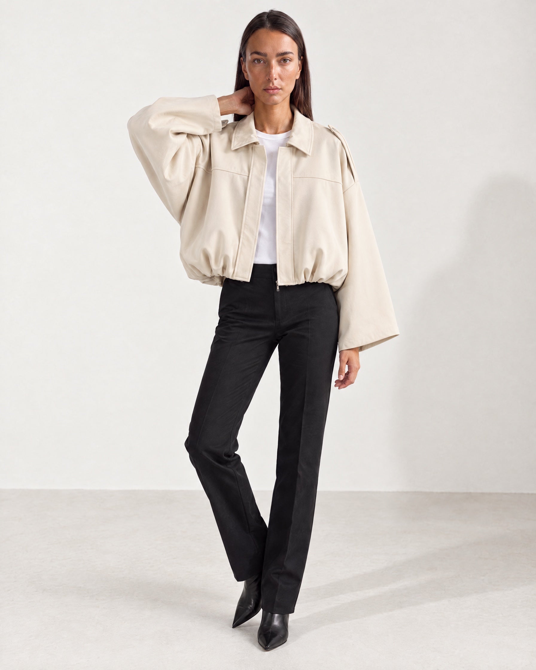 Cream Bomber Jacket Oversized Cropped Jacket with Batwing Sleeves and Hidden Zip
