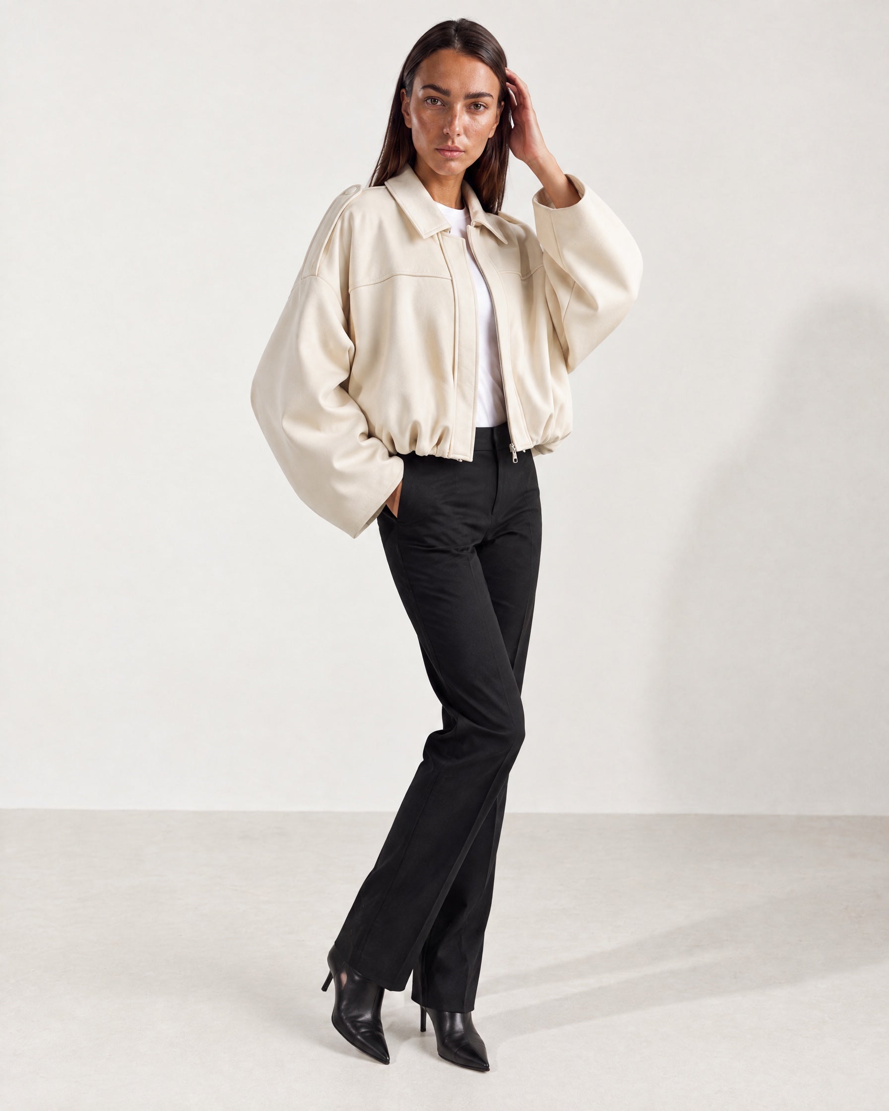 Cream Bomber Jacket Oversized Cropped Jacket with Batwing Sleeves and Hidden Zip