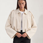 Cream Bomber Jacket Oversized Cropped Jacket with Batwing Sleeves and Hidden Zip