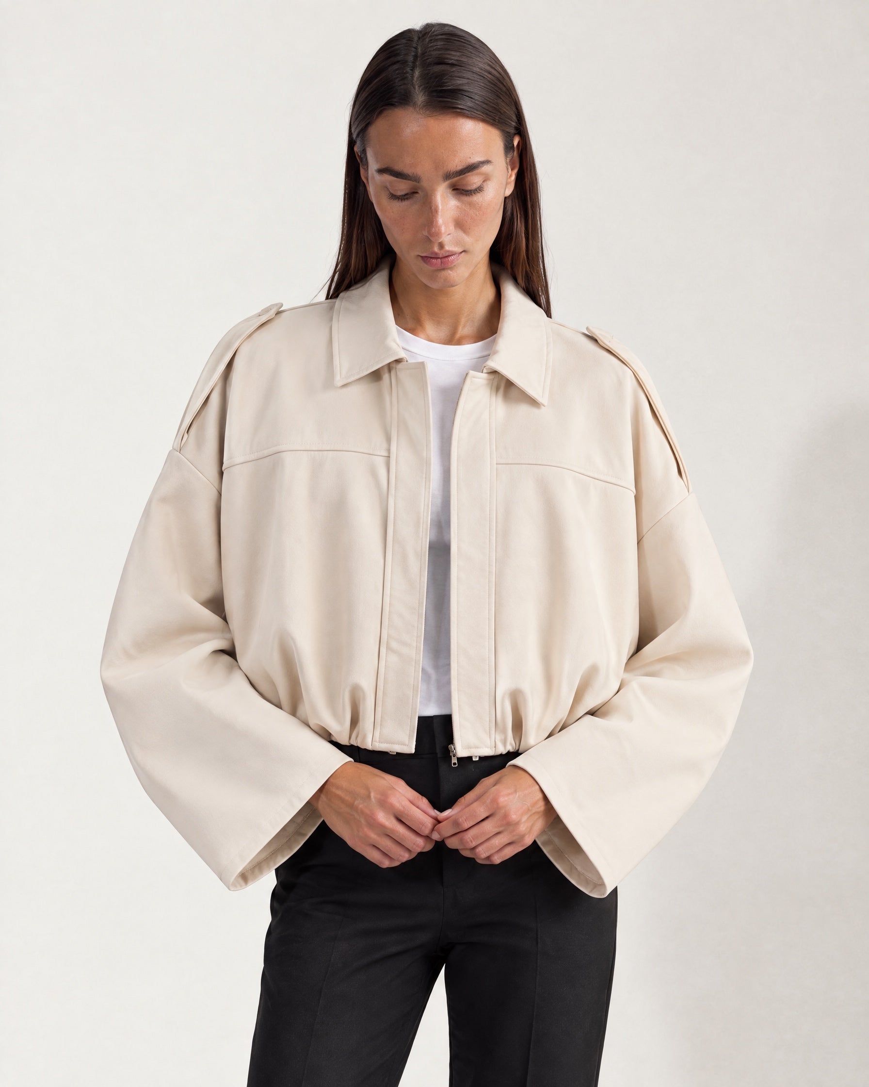 Cream Bomber Jacket Oversized Cropped Jacket with Batwing Sleeves and Hidden Zip
